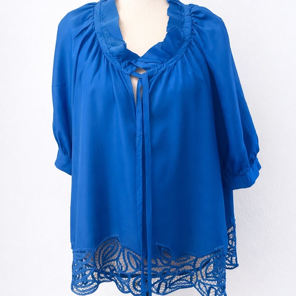 Ali Ro Tops - Ali Ro Vibrant 100% Silk Blue Blouse with Lace Hem